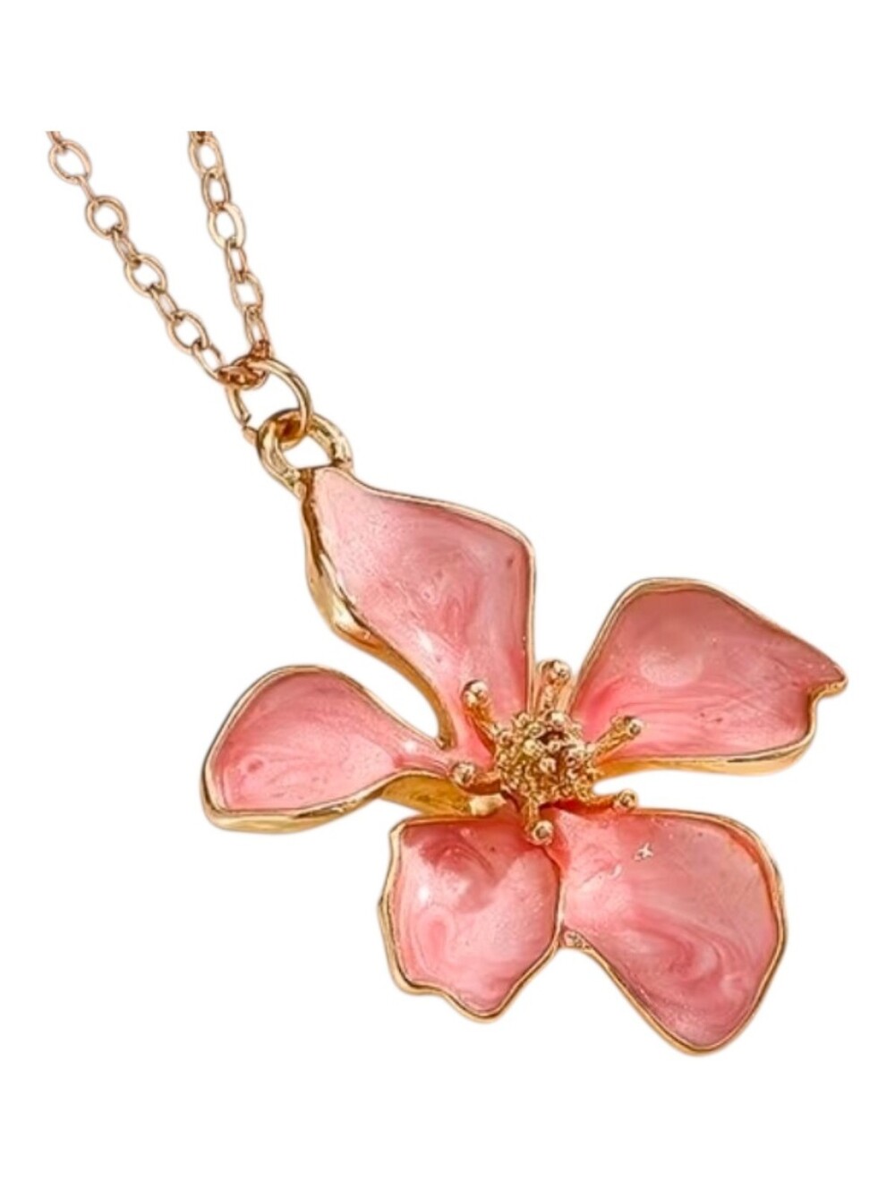 Pink And Gold Enameled Orchid Pendant Necklace On 17" Chain With 2" Extender NWT